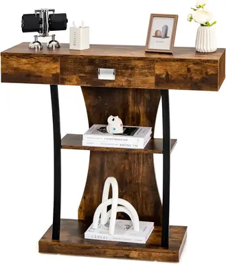 COSTWAY T-Shaped Console Table for Small Space-Brown