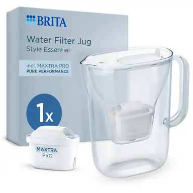 BRITA Water Filter Jug Style Essential White incl 1x MAXTRA PRO Pure Performance Cartridge - Fridge-Fitting Design Pitcher with Smart LED-LTI and Flip-Lid Reduces Chlorine, Limescale and Impurities
