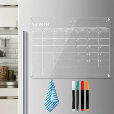 Alphynix 1 Stück Magnetisches Kühlschrank-Brett-Set, Monatskalender aus Acryl & Memo-Abreiztafel, inkl. 4 Stiften & Abwischpapiere