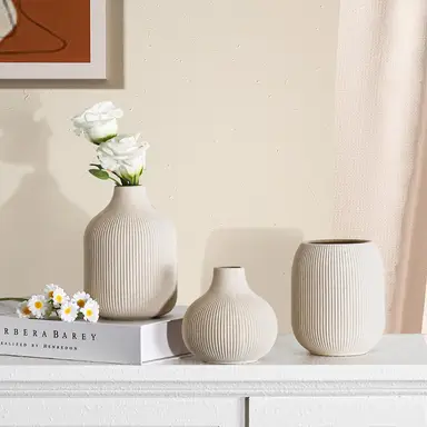 [3Pcs] 5.9in/15cm, Ceramic Vase Beige - Minimalist Vases with Rill Design, Compact Transitional Decoration for Living Room, Bedroom, Office