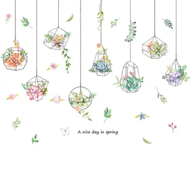 Tropical Vine Plant Potted Stickers with Butterfly & Flower Designs - Ideal for Living Room, Bedroom & Office,Hanging birdcage