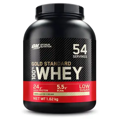 Optimum Nutrition Gold Standard 100% Whey Protein Powder - Vanilla, 24g Protein, 5.5g BCAAs, Low Sugar - 1.62kg (54 Servings)