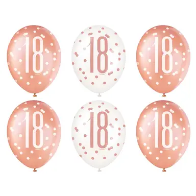 Unique Party Latex 18th Birthday Balloons, Glitz Rose Gold, 30cm, 6 Pack