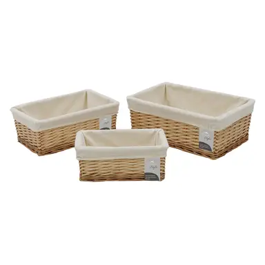 JVL Acacia Rectangular Willow Storage Baskets with Lining - Set of 3, Honey Finish