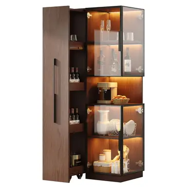 Displaykast, LED, Dubbel glas, Uittrekbare plank, Voor woon- & eetkamer, Walnootbruin
