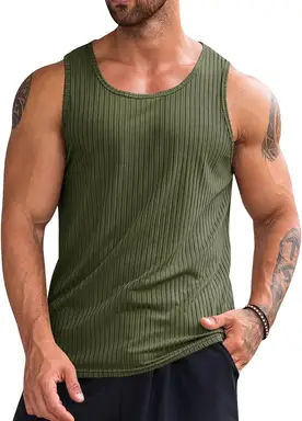 Men's Ribbed Tank Tops 1 Pack Knit Sleeveless Workout T Shirt Muscle Gym Fitness Tee (militarygreen, M)