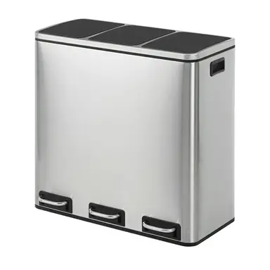 SONGMICSHOME  Triple Compartment Recycling Bin, 3 x 18L Pedal Waste Bins with Soft-Close Lids, for Kitchen, Steel, Silver and Black