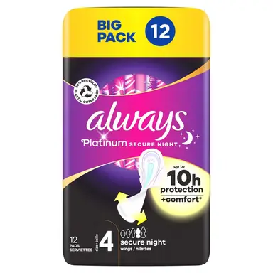 Always Platinum Secure Night Sanitary Towels With Wings Size 4 12 Pads