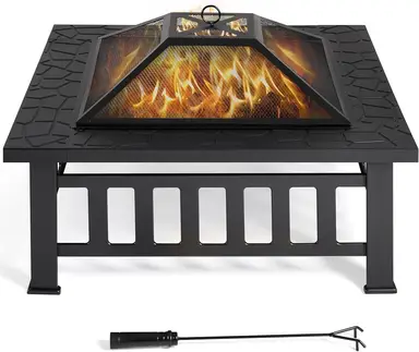 Yaheetech 34 '' Outdoor-quadratischer Feuerring Metall-Gartenherd Feuerschale zum Grillen, Heizen und Kühlen von Getränken mit Abdeckung und Schürhaken Schwarz