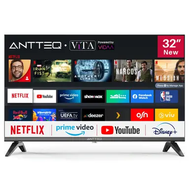 Antteq V32-AH3Q1L 32 Inch HD Smart TV, Bezel-Less Design, Triple Tuner, VIDDA OS, Netflix, Prime Video, WiFi, Hotel Mode
