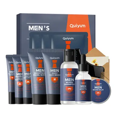 Quiyum Coffret soins pour homme avec crème contour des yeux 20 g, masque visage 25 g ×3, crème de jour 30 g, crème de nuit 30 g, baume à barbe 30 g, huile de stimulation de pousse de barbe 30 ml, nettoyant visage 50 g, gommage 50 g, shampooing pour barbe 60 ml, peigne à barbe