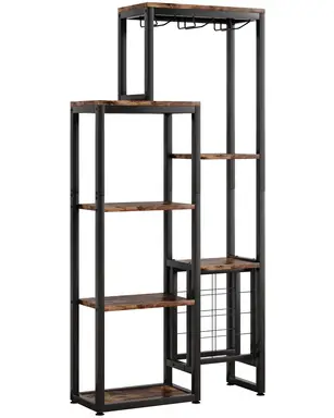 Tribesigns Wine Rack, Freestanding Base, 5-Tier Wine Baker Rack with Glass Holder & Wine Storage, Industrial Wine Rack, Wine Bar Cabinet, for Bar, Kitchen, Dining Room (Rustic Brown, 1 Piece)