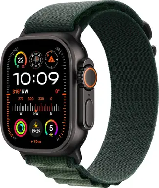 Apple Watch Ultra 2 (GPS + Cellular 49mm) Smartwatch Sportuhr mit Titangehäuse in Schwarz und Alpine Loop in Dunkelgrün (Small) Fitnesstracker, Präzises GPS, Action Button, CO₂-neutral