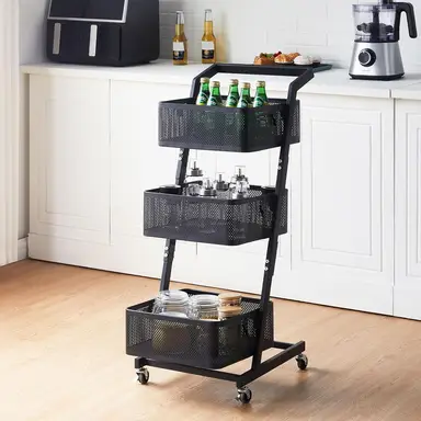 CLIPOP 3 Tier Utility Rolling Cart, Kitchen Vegetable Trolley with Handle and Lockable Wheels, Metal Adjustable Mesh Basket Storage Rack for Fruits, Vegetables, Books,Tools, Black