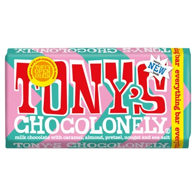 Tony's Chocolonely Milk Chocolate Caramel, Almond, Pretzel & Sea Salt
(Everything Bar) 180g