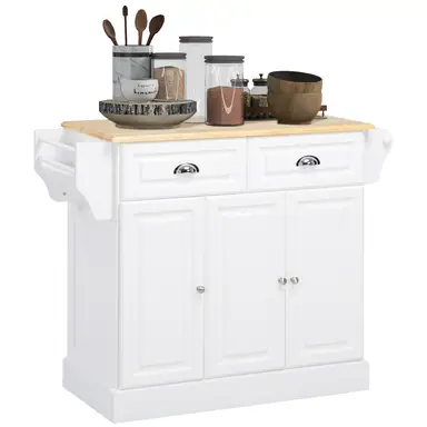 HOMCOM Kitchen Island with Storage, Rolling Kitchen Cart with Adjustable Shelf, Drawers and Cabinets, 110 x 45 x 89cm, White