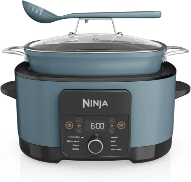 Ninja Foodi PossibleCooker (8 l), 8-in-1 Digital-Multikocher & Slow Cooker mit Topf, Dampfgar-Einsatz, Löffel & Glasdeckel, Slow Cooking, Dämpfen, Anbraten, Backen, 8 Portionen, Sea Salt Grey, MC1001EU