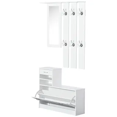 HOMCOM Hallway Furniture Set with Shoe Storage Cabinet and 6 Hooks Coat Rack, Hallway Storage Unit with Mirror, Drawer and Adjustable Shelf, White