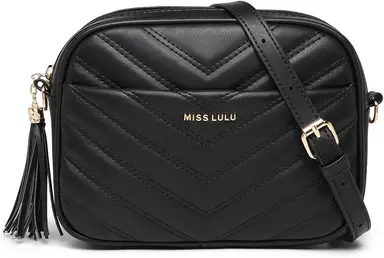 Miss Lulu Women Cross Body Bag Shoulder Bag Satchel Handbags Messenger Bag, Synthetic Leather, V-Shaped Knitting Texture, Tassel Decoration, Classic, With Removable and Adjustable Shoulder Strap Black