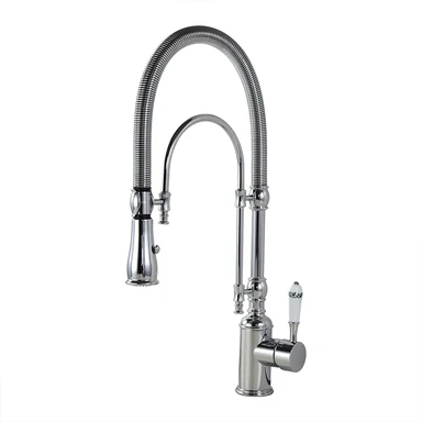 Hochbogen-Küchenarmatur mit zwei Modi, aus massivem Messing mit Porzellangriff, Chrom