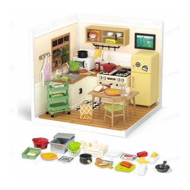 Robotime Rolife Happy Meals keukenthema DIY miniatuurhuis bouwpakket, 16,3 x 16,3 x 15,2 cm, 1 stuk,Wooninrichting, boekenkastdecoratie,Handgemaakte cadeaus voor volwassenen en tieners,Onderwijs speelgoed