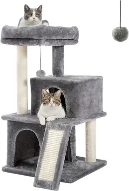 PAWZ Road Katzenbaum, 45.5cmKratzbaum, Katzenmöbel mit Sisal-Seil, Plüschliege, Höhle, Spielzeug für Katzen, Grau