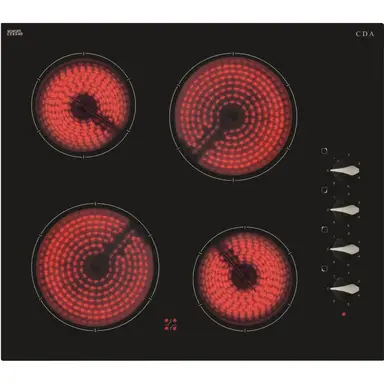 CDA HC6212FR 60cm Four Zone Ceramic Hob, Frameless, Black Glass