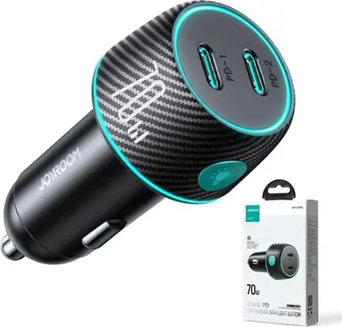 JOYROOM JR-CCN02 70 W 2x USB-C Kfz-Ladegerät mit LED-Hintergrundbeleuchtung - Schwarz