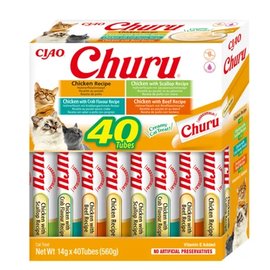 INABO Churu Sorten-Mix für Katzen, 4 Hühnervarianten, 40er-Pack (Pulverpäckchen), kalorienarm, Gewichtskontrolle, Hydration-Snack