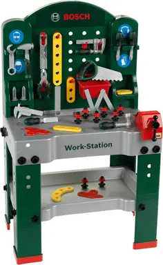 Theo Klein 8580 Bosch werkbank | 44-teilig | werkbank mit lernfunktionsarbeitsfläche | maße: 61 cm x 44,5 cm x 101 cm | spielzeug für kinder ab 3 jahren