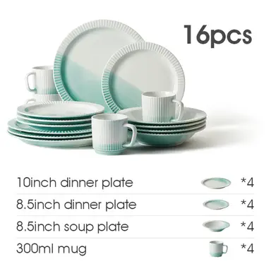 JIWOO Collins Geschirr-Set 16-teilig Gradient Grün，(4 Stück 8,5-Zoll-Suppenteller + 4 Stück 8,5-Zoll-Essteller + 4 Stück 10-Zoll-Essteller + 4 Stück Becher)     Spülmaschinen- und mikrowellengeeignet
