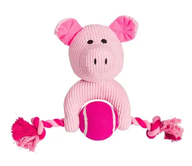 House of Paws Pink Cord Pig Dog Toy with Tennis Ball and Rope