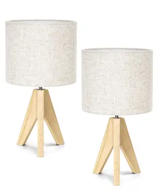 EDISHINE 2er Set Tischlampe Holz, LED Nachttischlampe mit beigem Leinen-Lampenschirm, E27 Fassung, inkl. Leuchtmittel, Vintage Tischleuchte für Schlafzimmer, Wohnzimmer, Geschenk