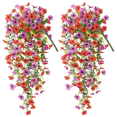 4Pcs 29.5in/75cm
Artificial Faux Hanging Flowers Plants for Outdoor Decor Outside Fake Mums Violets with Eucalyptus Realistic Daisy Trailing Vines for Yard Balcony Porch Decor(red&purple)