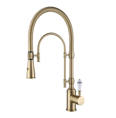 Hochbogen-Küchenarmatur mit zwei Modi, gebürstetes Gold, Massivmessing mit Porzellansteuerung