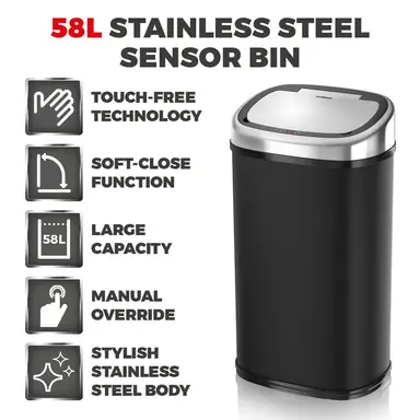 Tower Stainless Steel Sensor Bin 58L, Black