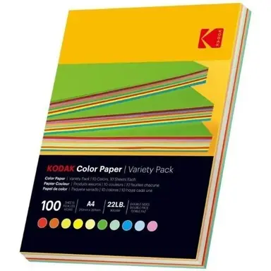 Kodak Papier coloré - 100 Feuilles - Format A4 21 x 29,7 cm - 80 g/m² - 10 Couleurs - 10 Feuilles par Couleur - Compatible Imprimantes Jet d'Encre