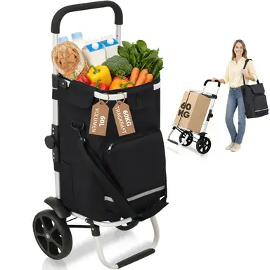 Chariot De Courses Pliable Avec Compartiment Isotherme, Chariot 3-En-1 (Chariot De Manutention Et Sac à Bandoulière), Chariot De Courses, Chariot De Courses 60 L Et Sangle De Fixation, Chariot De Courses à Roulettes, Chariot Pliable, Courses, Chariot Portable