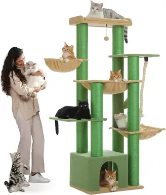 PAWZ Road 170 cm Großer Katzenkratzpfahl, stabil mit mehreren Ebenen, Hängematte, 13 Sisalpfähle (Durchmesser 11 cm), großer Sitzplatz, Höhle, Körbe, Katzenkratzpfahl XXL, Grün