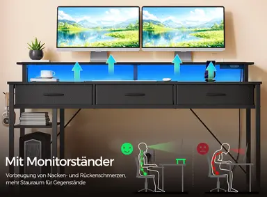 Computer-Schreibtisch mit USB-Anschlüssen, Stromanschlüssen, LED-Beleuchtung, Schubladen & Ablagefach, umkehrbarer Eck-Schreibtisch für Gamer mit Monitorablage & Stauraum für das Home-Office