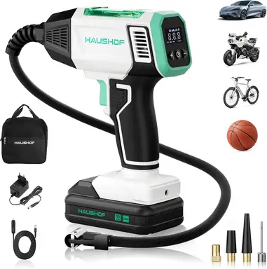 HAUSHOF Kabellose Kompressor für Autos, tragbare Luftpumpe mit 2000‑mAh‑Akku, 4 intelligente Modi + manueller Modus, digitales Display, automatische Abschaltung für Reifen, Motorrad, Fahrrad, Bälle