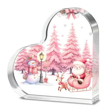 Alphynix 1pc Heart Shaped Acrylic Plaque, Christmas Decor with "Merry Christmas" Sign, Pink Santa Sled and Snowman Design, Festive Tabletop Decoration for Holiday Season, Christmas Gift for Family and Friends