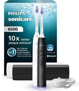 Philips Sonicare 6500 Series - Elektrische Tandenborstel - Zwart & Wit - Duopack - Reisetui - Gevoelige tanden - HX7419/01 
