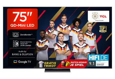 TCL 75Q8C 75 Zoll QD Mini LED, 4K HDR Premium 4500, ZeroBorder™, Smart Google TV, CrystGlow WHVA-Panel, Audio von Bang & Olufsen, 144 Hz Motion Clarity Pro, Dolby Vision IQ & Atmos