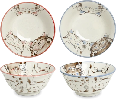 Drei Katzen Servierschale im japanischen Stil, Keramik, Ø 15 x H 7 cm, leicht & langlebig, für Reis, Suppe und Snacks, 1 Stück, Drei Katzen Design