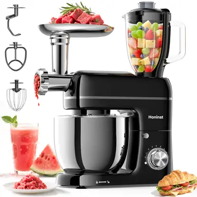 Honinst 7-in-1 Multifunktions-Standmixer, 6,5 QT 8-Gang-Kippkopf-Küchenmixer, Elektrischer Lebensmittelmixer mit Fleischwolf, Entsafter, Knethaken, Rührbesen, Schneebesen und Schüssel für die meisten Hobbyköche