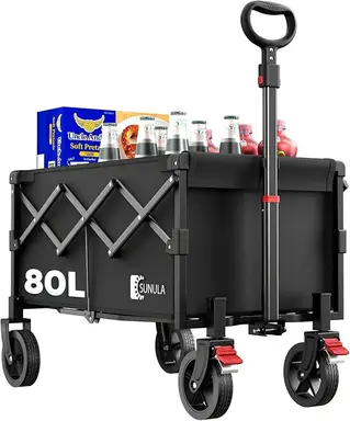 SUNULA Bollerwagen Faltbar Klein 80L 100KG, Faltbarer Bollerwagen Klappbarer Handwagen mit Halbiertem Eigengewicht, Faltbollerwagen Geländegängig mit Bremsen, Schwarz
