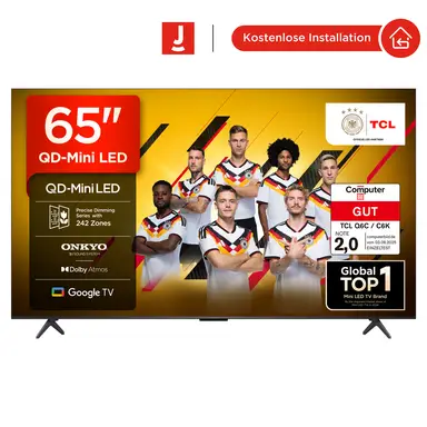 TCL 65Q6C QLED Mini-LED-Fernseher, 65 Zoll, 4K HDR Premium, Dolby Vision IQ & Atmos, Onkyo 2.1 Sound, Smart TV mit Google TV, Game Master, 144Hz Motion Clarity Pro, AMD FreeSync Premium Pro, HDMI 2.1, AirPlay 2, Google Assistent & Alexa