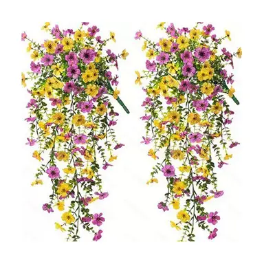4Pcs 29.5in/75cm
Artificial Faux Hanging Flowers Plants for Outdoor Decor Outside Fake Mums Violets with Eucalyptus Realistic Daisy Trailing Vines for Yard Balcony Porch Decor(yellow&purple)