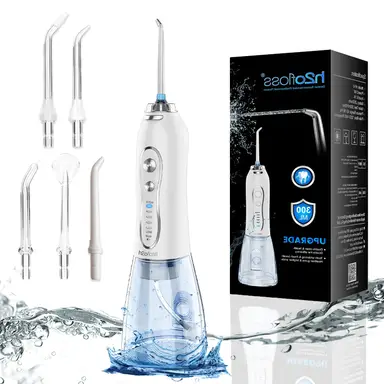 H2ofloss portable water flosser, 2500mAh battery, 140PSI, 5 nozzles, IPX7 waterproof, 5 modes, USB rechargeable, white